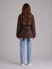 Women's cropped trench jacket in brown, back view
