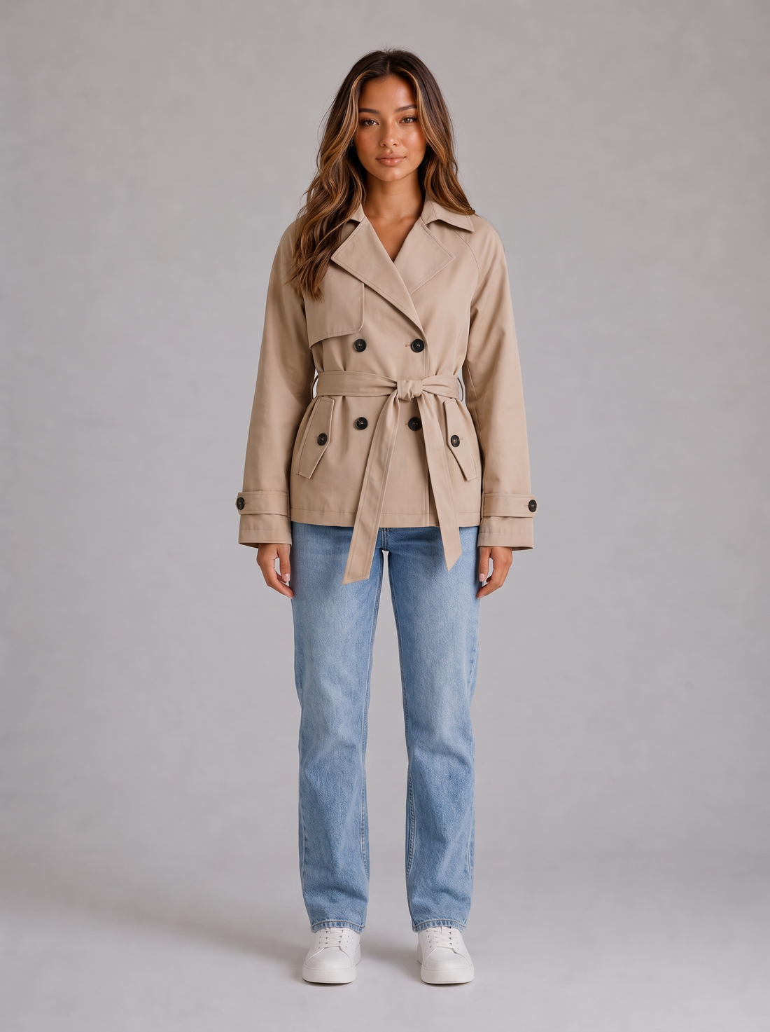 Women's cropped trench jacket in beige, front view