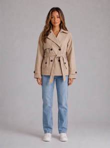 Women's cropped trench jacket in beige, front view