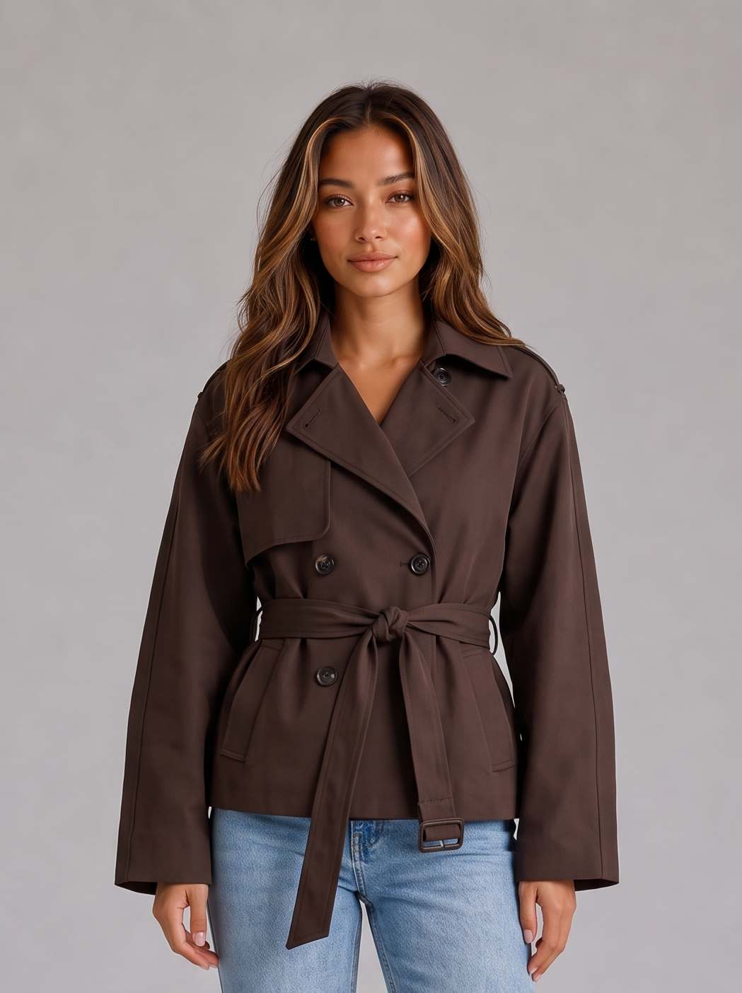 Women's cropped trench jacket in brown, front view