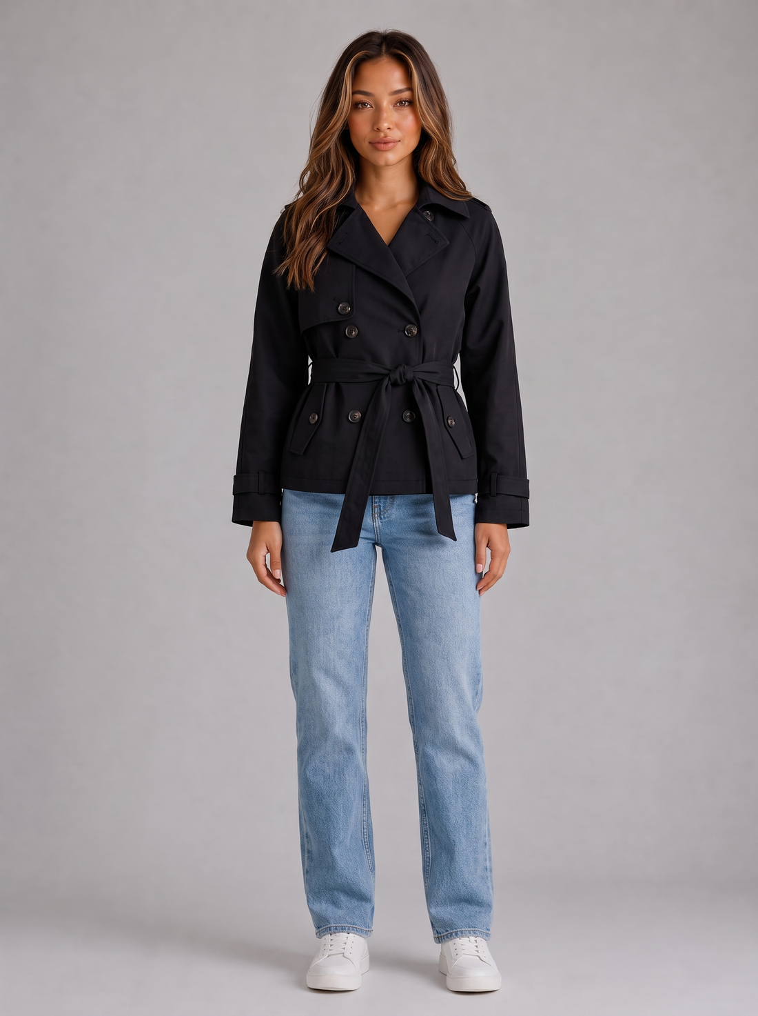 Women's cropped trench jacket in black, front view