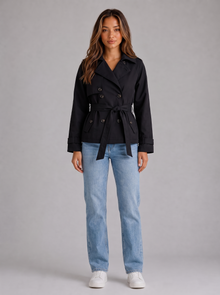 Women's cropped trench jacket in black, front view