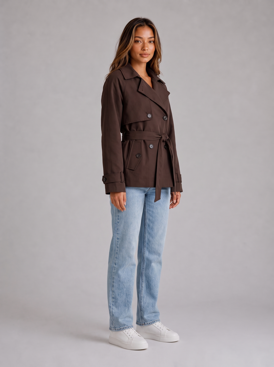 Women's cropped trench jacket in brown, front view