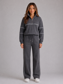 Women's half zip lounge set tracksuit in dark grey, front view