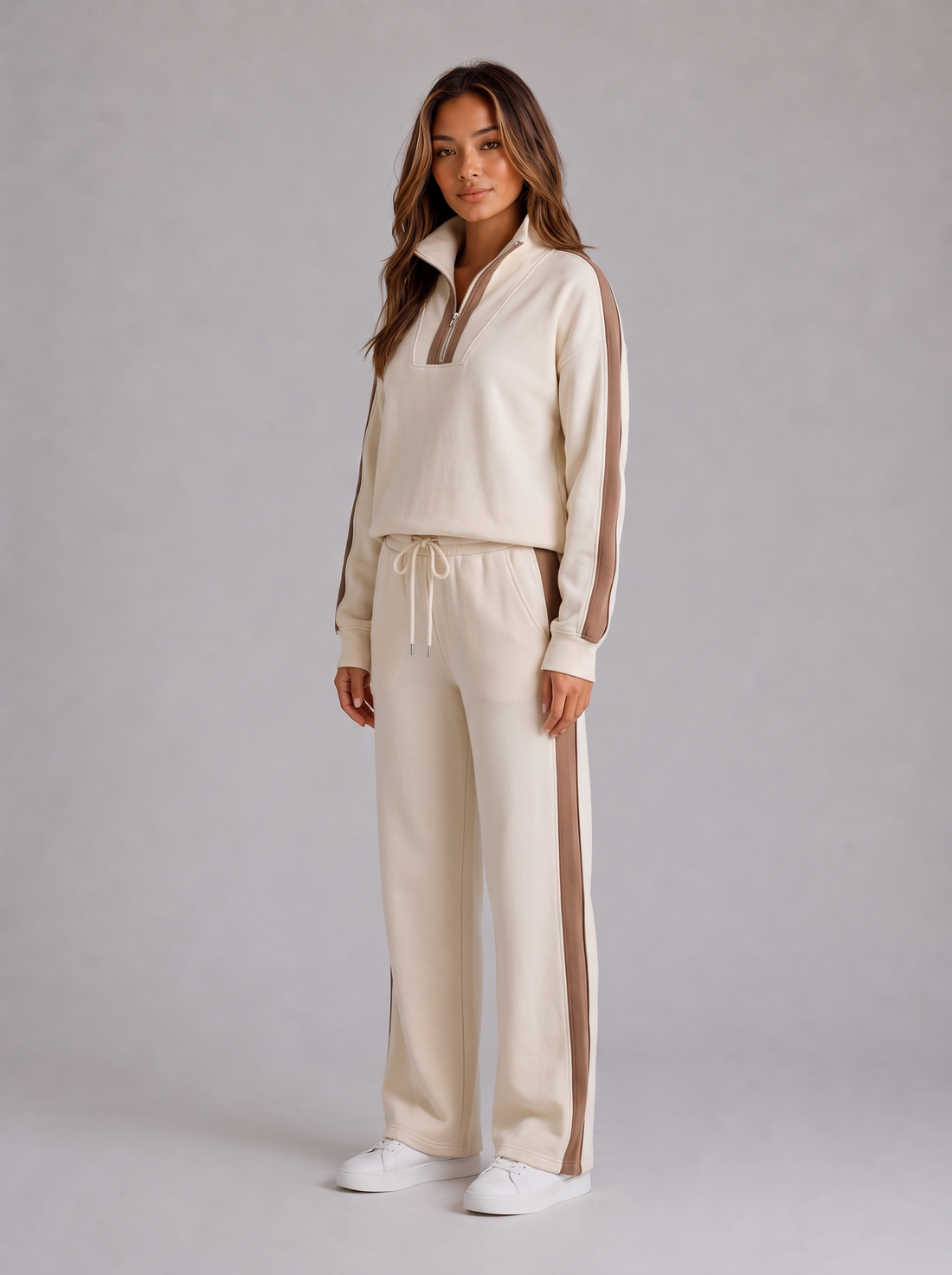 Women's half zip lounge set tracksuit in cream, front view