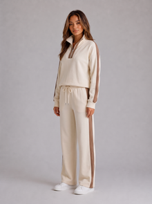 Women's half zip lounge set tracksuit in cream, three-quarter view