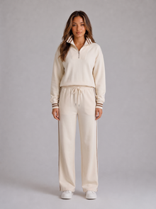 Women's half zip lounge set tracksuit in cream, front view