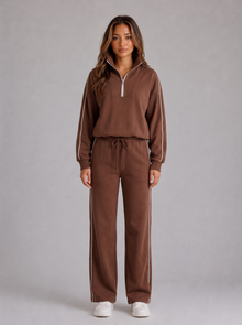 Women's half zip lounge set tracksuit in brown, front view