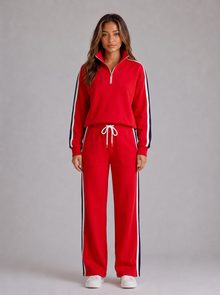 Women's half zip lounge set tracksuit in red, front view