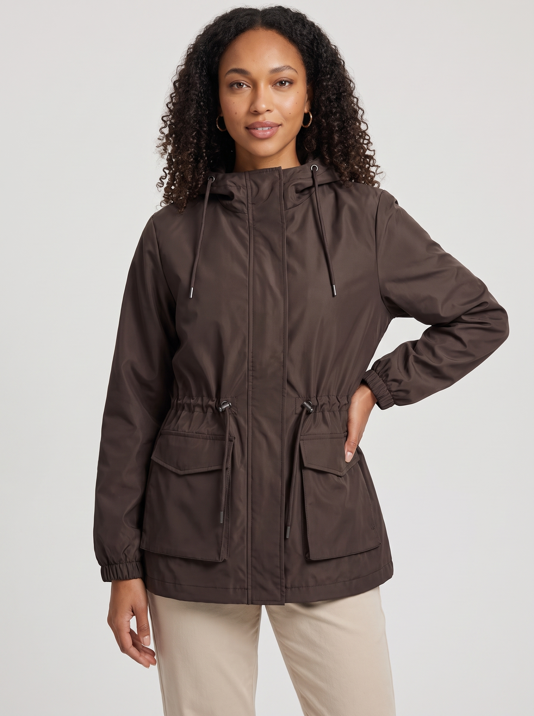 Women's Hooded Rain Jacket in Brown - front view