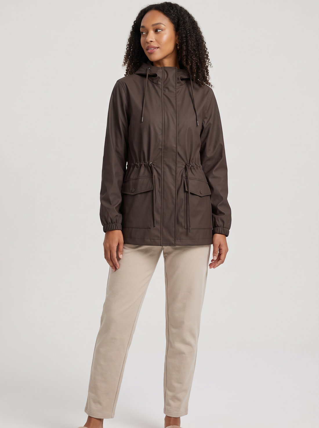 Women's Hooded Rain Jacket in Brown - front view