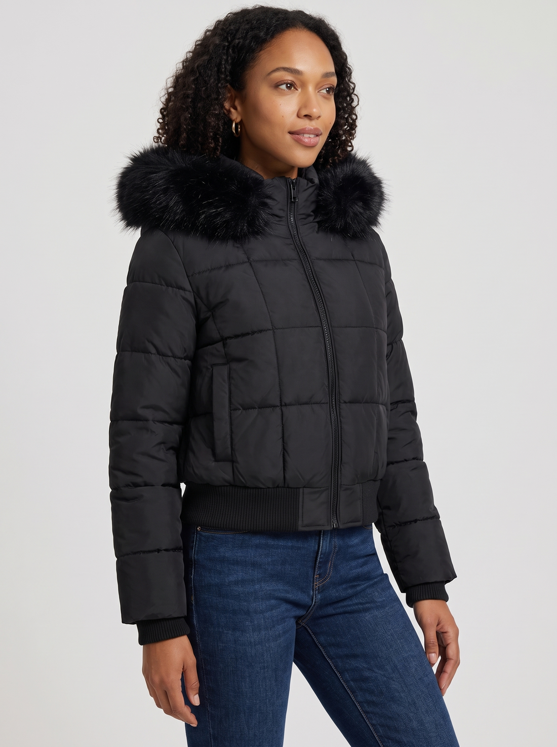 Women's Faux Fur Collar Puffer Jacket in Black - three quarter view