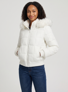 Women's Faux Fur Collar Puffer Jacket in White - front view