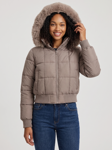 Women's Faux Fur Collar Puffer Jacket in Taupe - front view