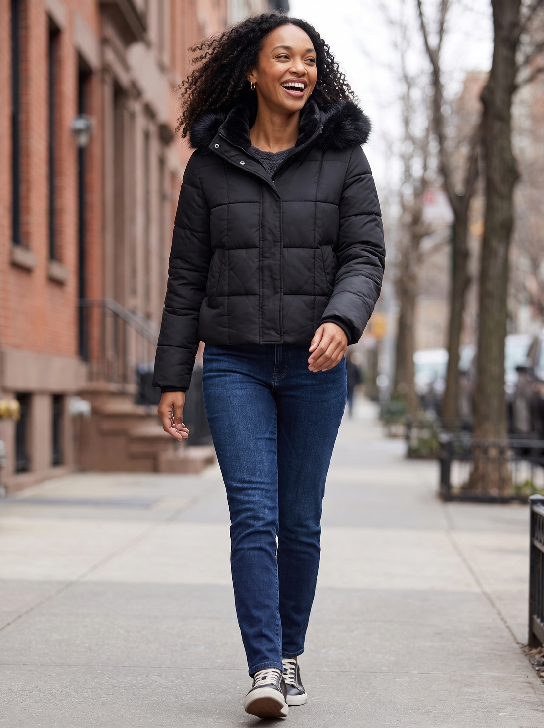 Women's Faux Fur Collar Puffer Jacket in Black - lifestyle