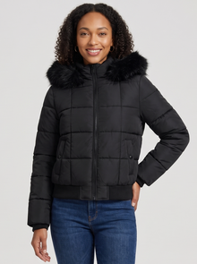 Women's Faux Fur Collar Puffer Jacket in Black - front view