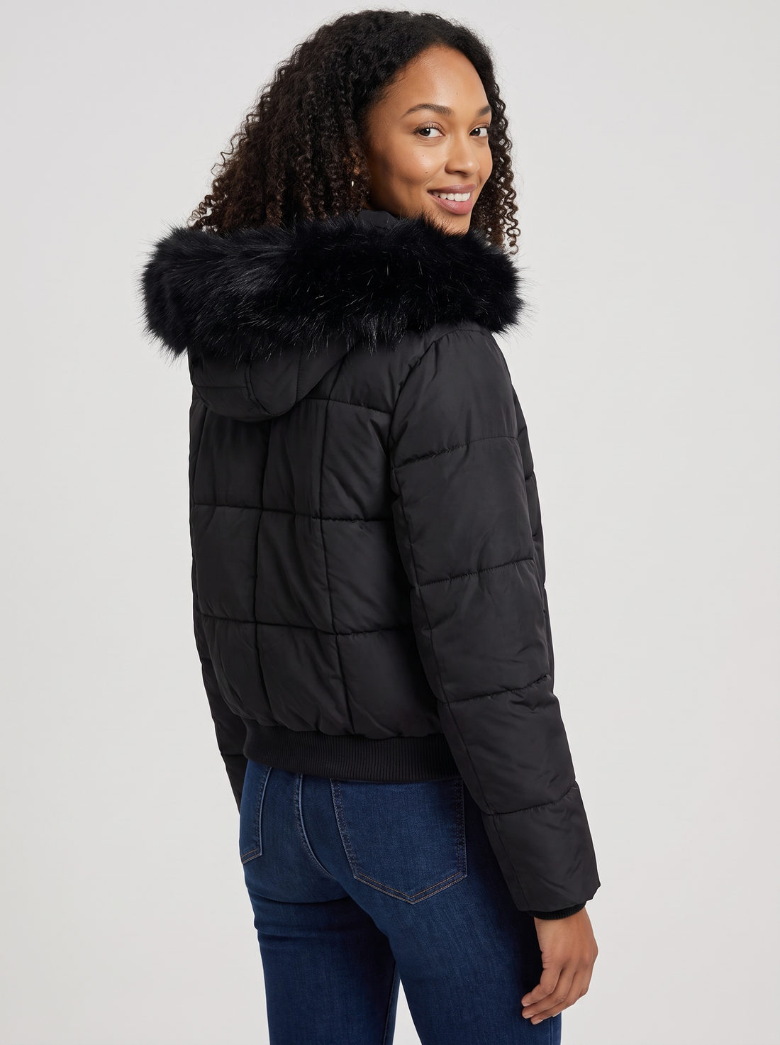 Women's Faux Fur Collar Puffer Jacket in Black - front view