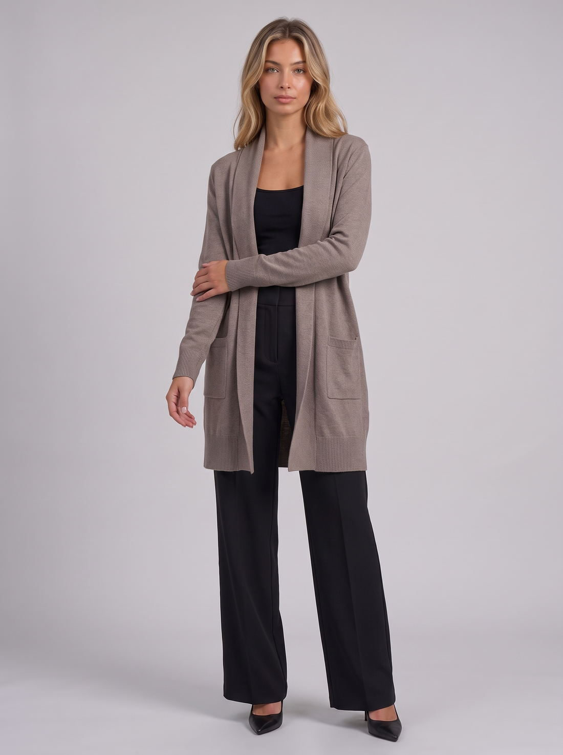 Women's Open Front Cardigan in Taupe - front view
