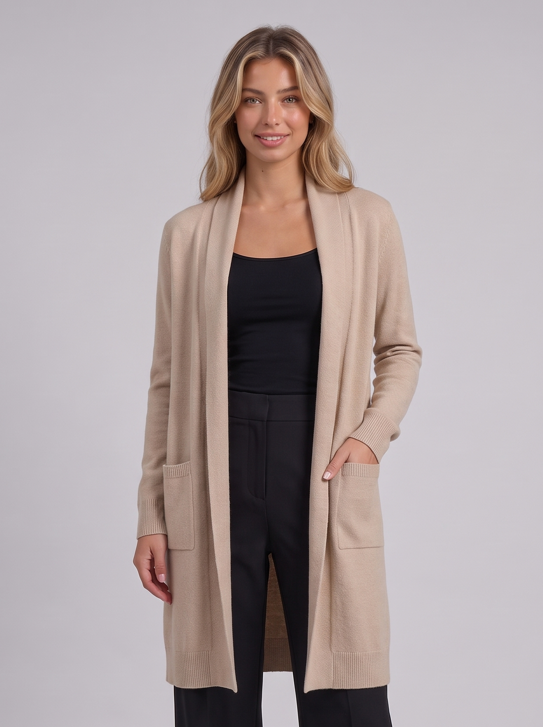 Women's Open Front Cardigan in Beige - front view