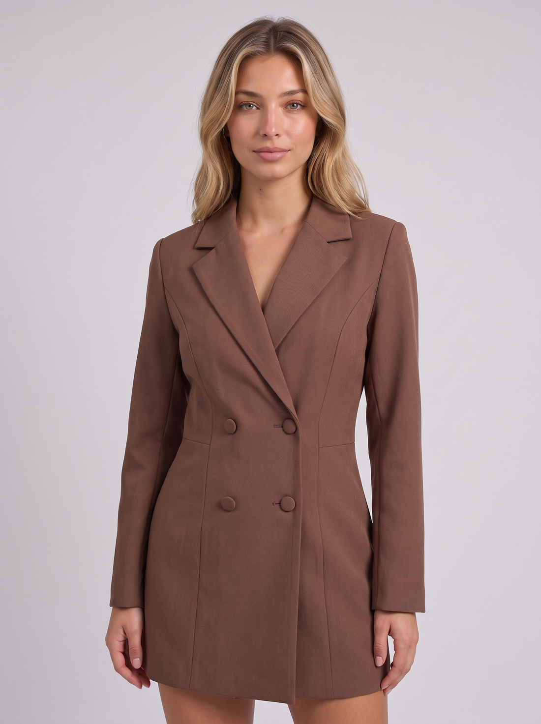Women's Double Breasted Blazer Mini Dress in Brown - lapel and button detail