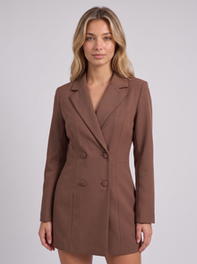 Women's Double Breasted Blazer Mini Dress in Brown - lapel and button detail