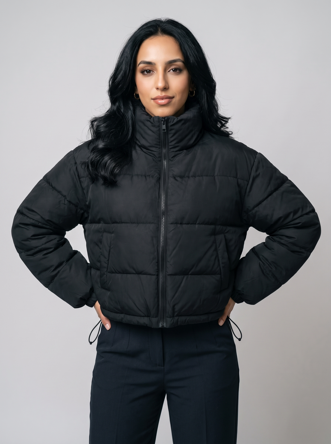 Women's Cropped Puffer Jacket in Black - front view