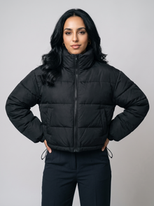 Women's Cropped Puffer Jacket in Black - front view