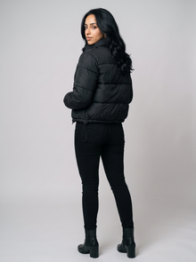 Women's Cropped Puffer Jacket in Black - back view