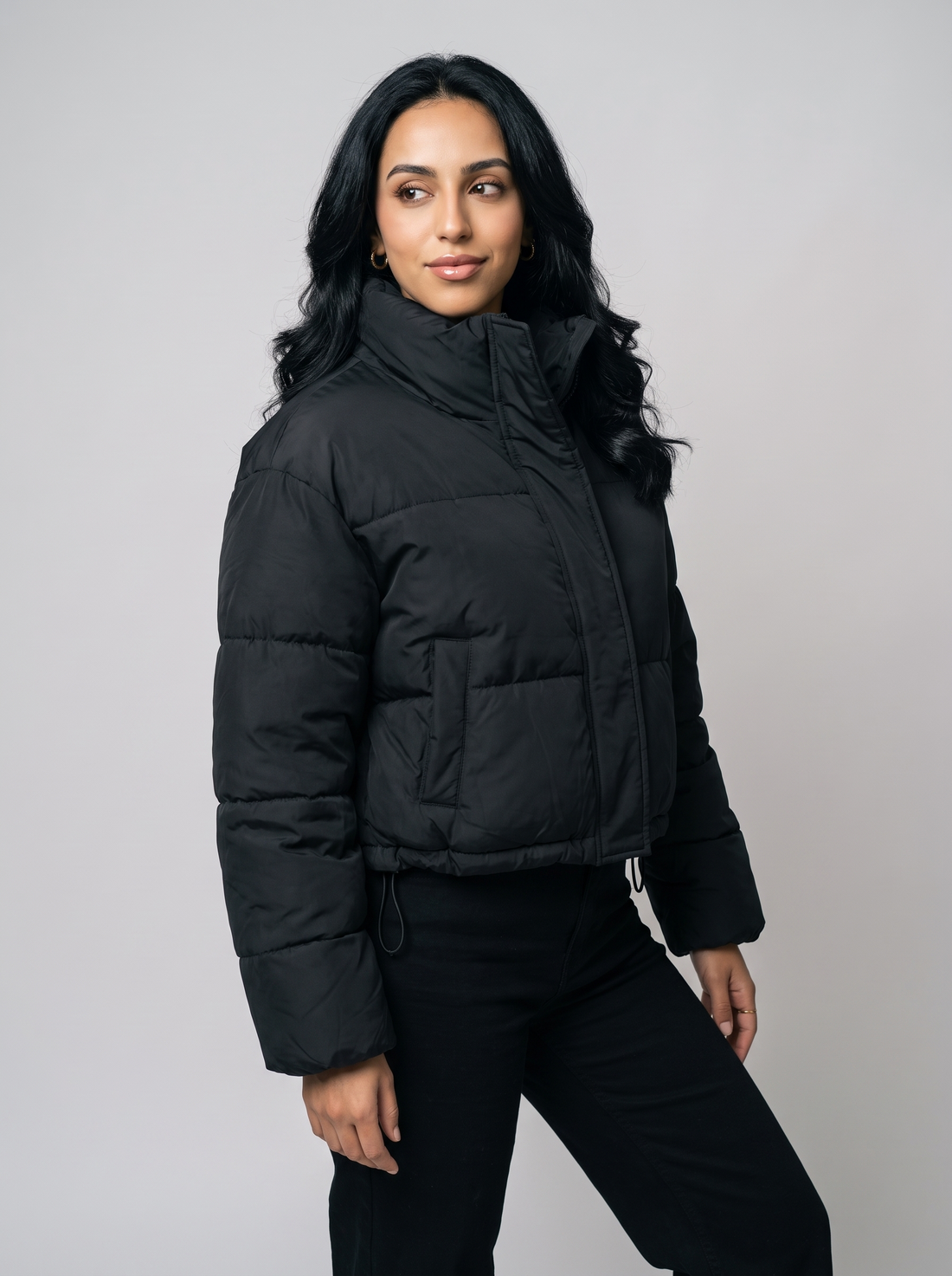 Women's Cropped Puffer Jacket in Black - front view