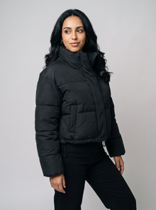 Women's Cropped Puffer Jacket in Black - three quarter view