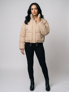 Women's Cropped Puffer Jacket in Beige - front view
