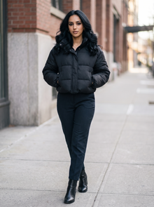 Women's Cropped Puffer Jacket in Black - lifestyle