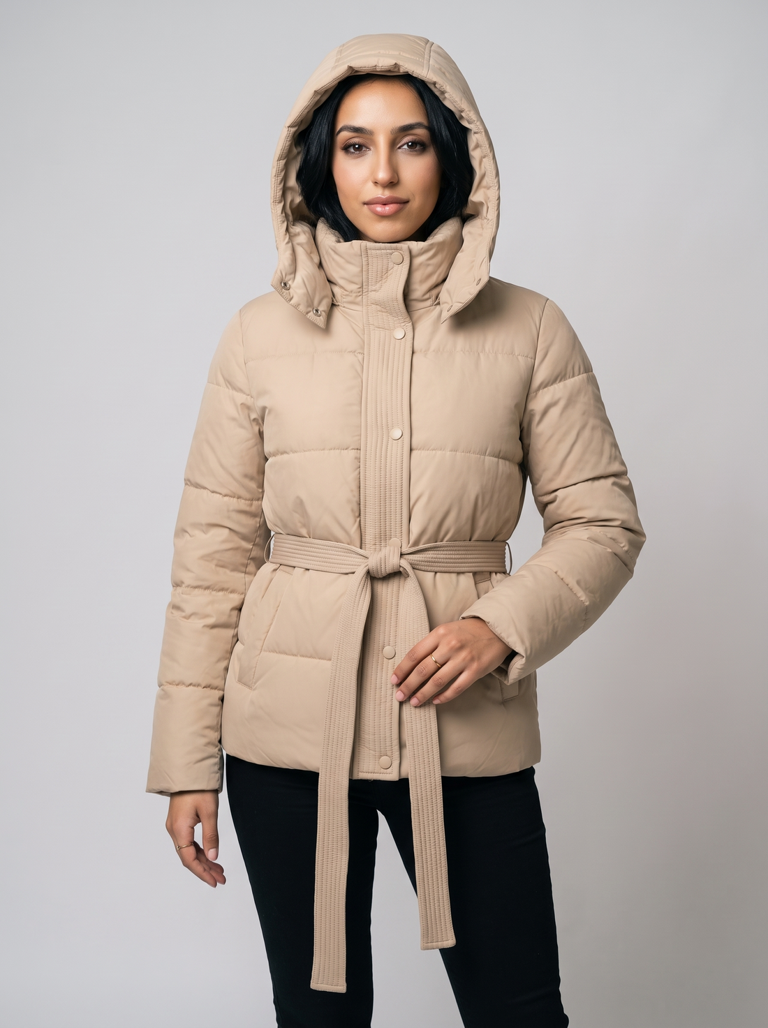 Women's Hooded Puffer Jacket in Beige - front view