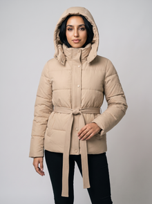 Women's Hooded Puffer Jacket in Beige - front view