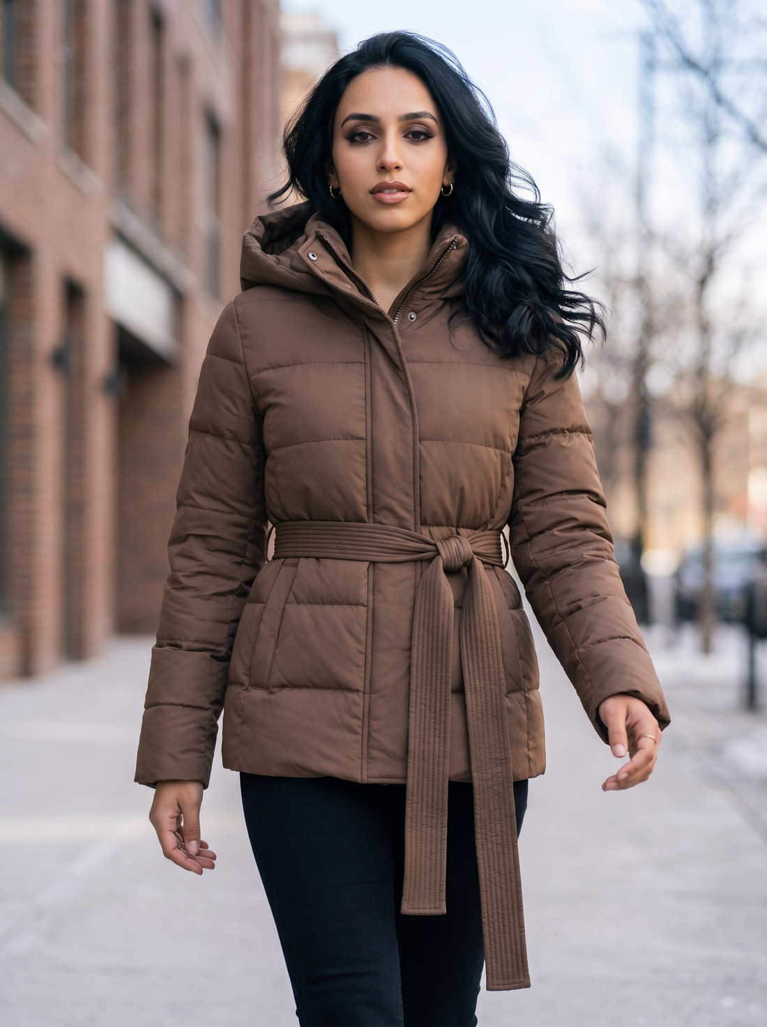 Women's Hooded Puffer Jacket in Brown - lifestyle