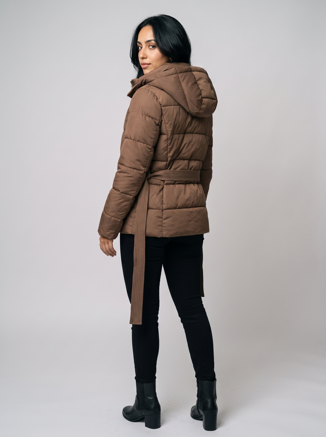 Women's Hooded Puffer Jacket in Brown - belt and hood detail