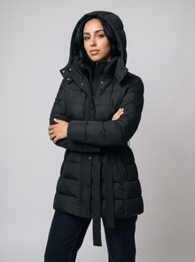 Women's Hooded Puffer Jacket in Black - front view