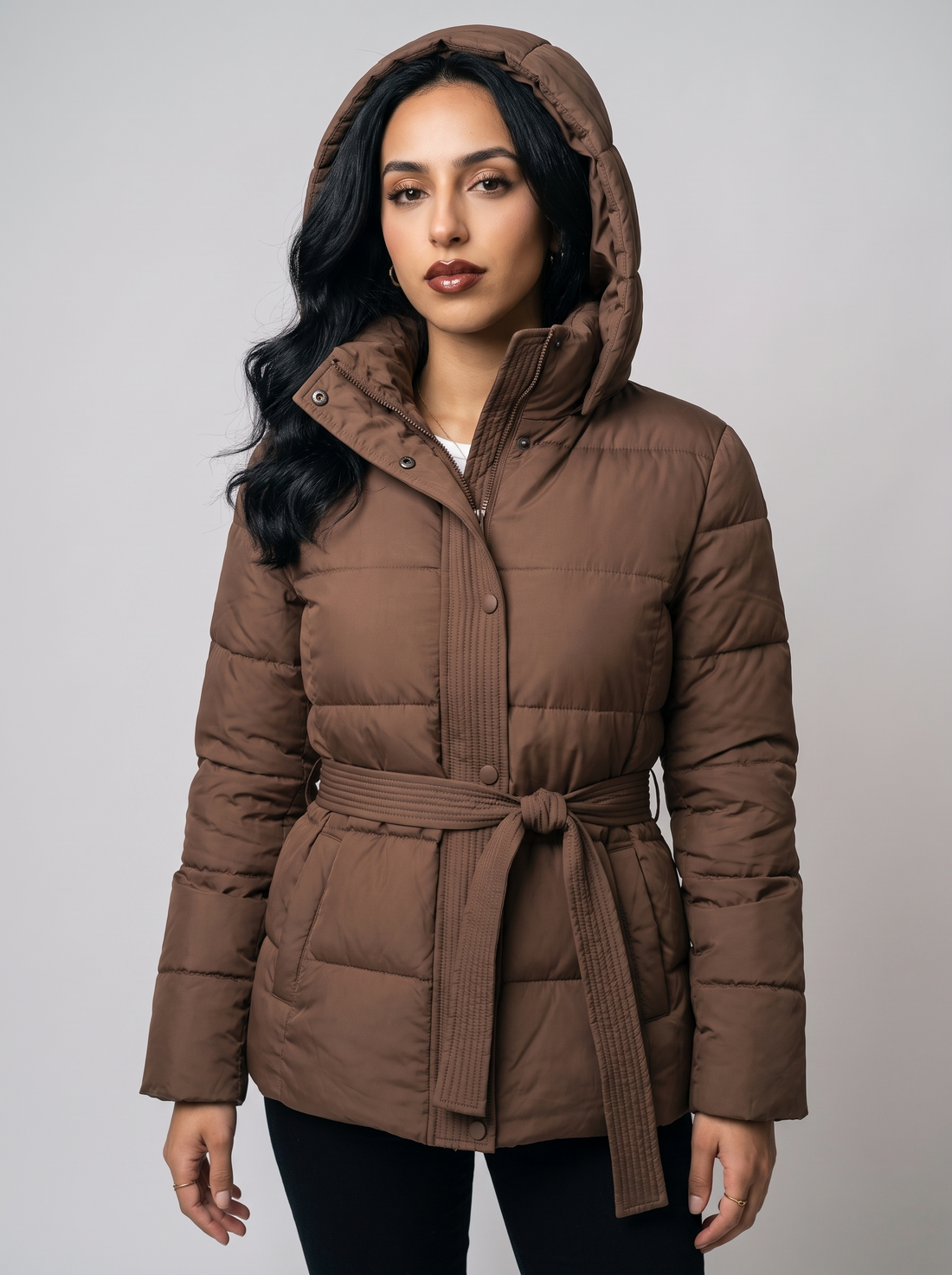 Women's Hooded Puffer Jacket in Brown - belt and hood detail