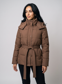 Women's Hooded Puffer Jacket in Brown - three quarter view