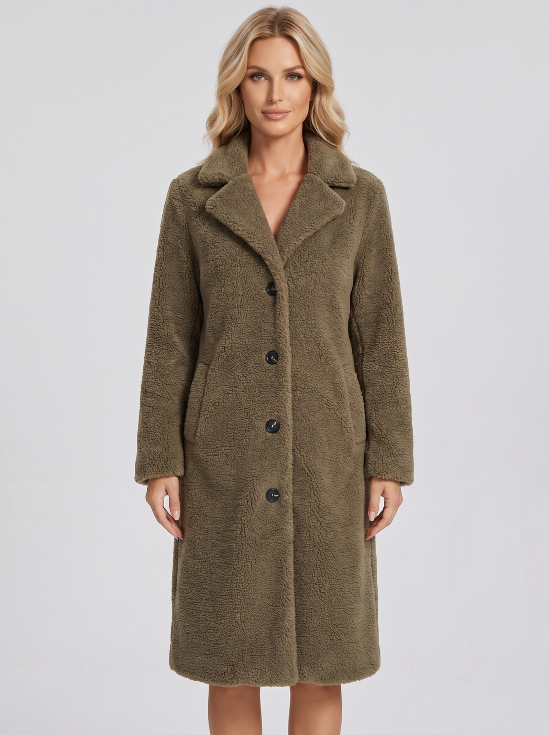 Khaki Teddy Fleece Coat front