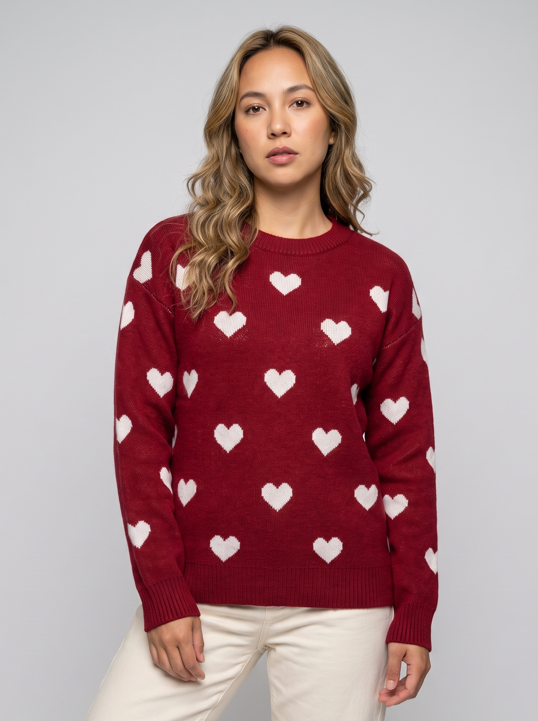 Red Heart Print Knitted Jumper front