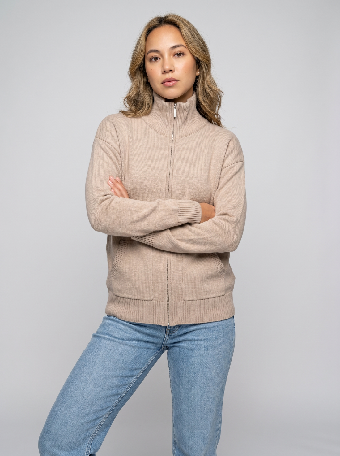Beige Zip Up Knitted Cardigan front