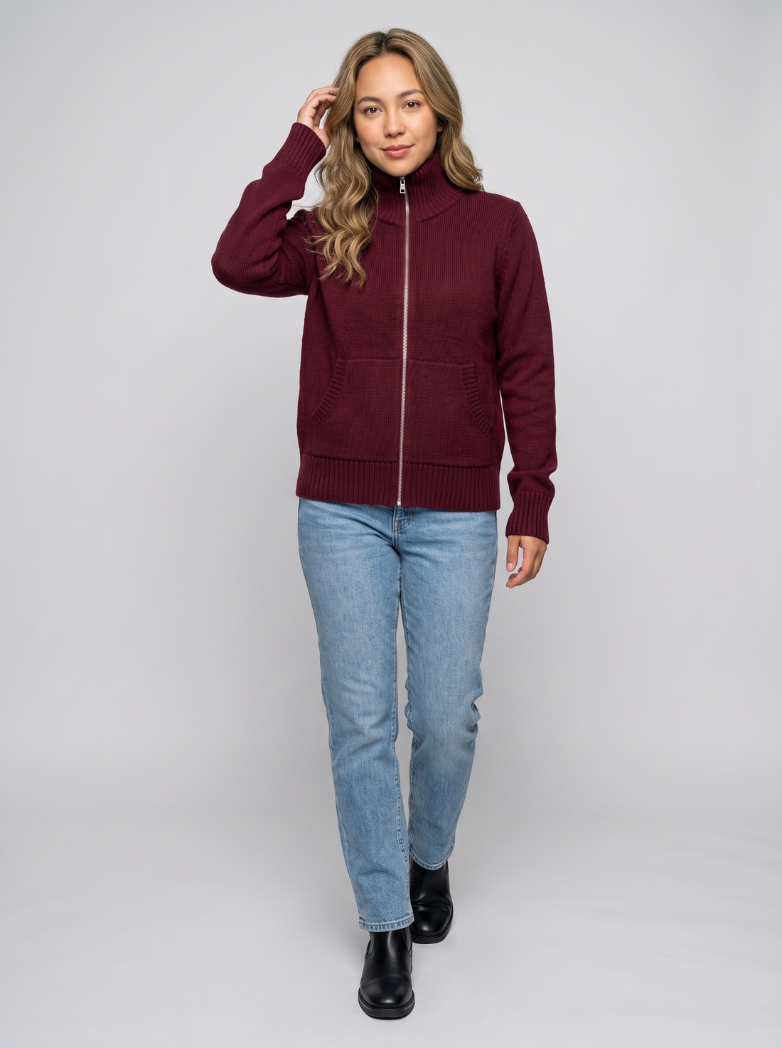 Burgundy Zip Up Knitted Cardigan front