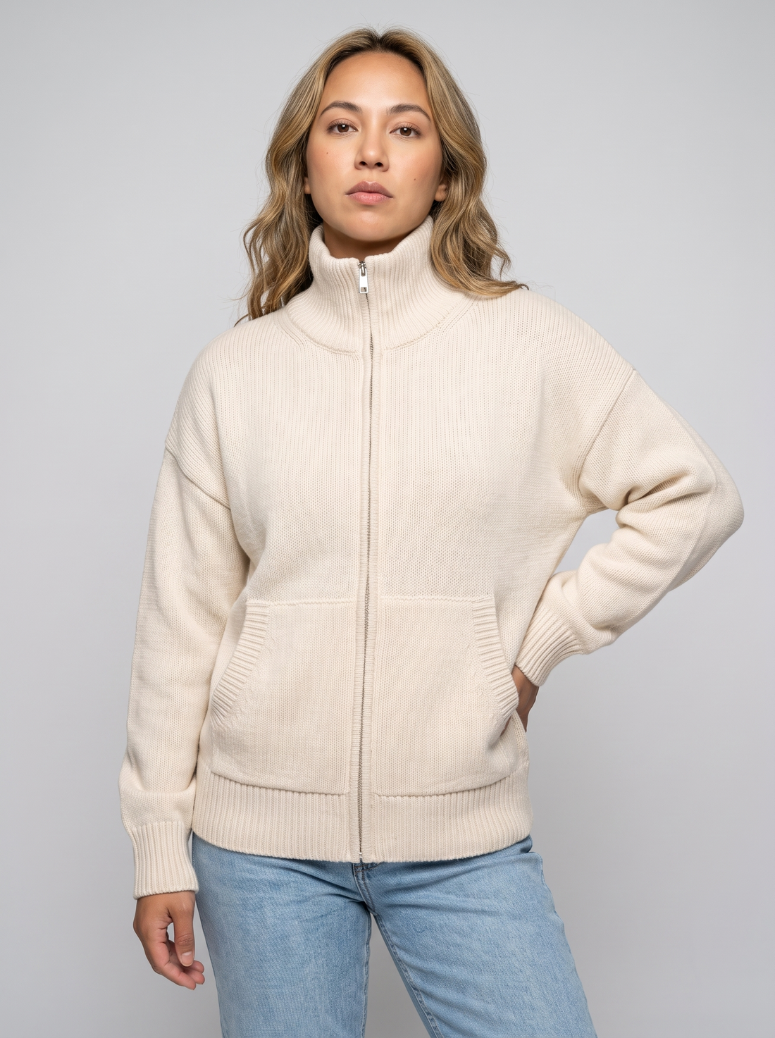 Cream Zip Up Knitted Cardigan front