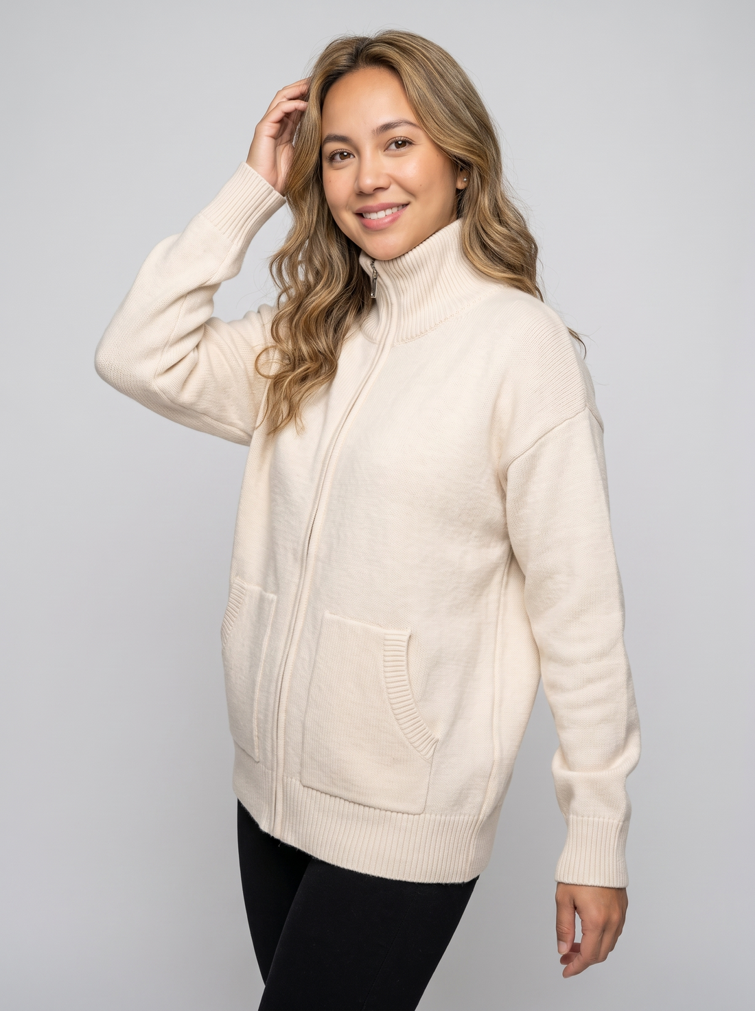 Cream Zip Up Knitted Cardigan three-quarter