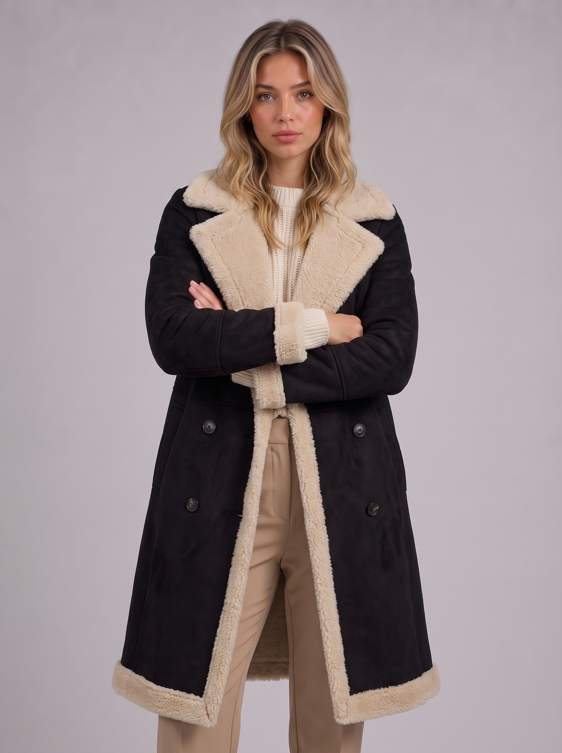 Black Suede Look Shearling Coat front
