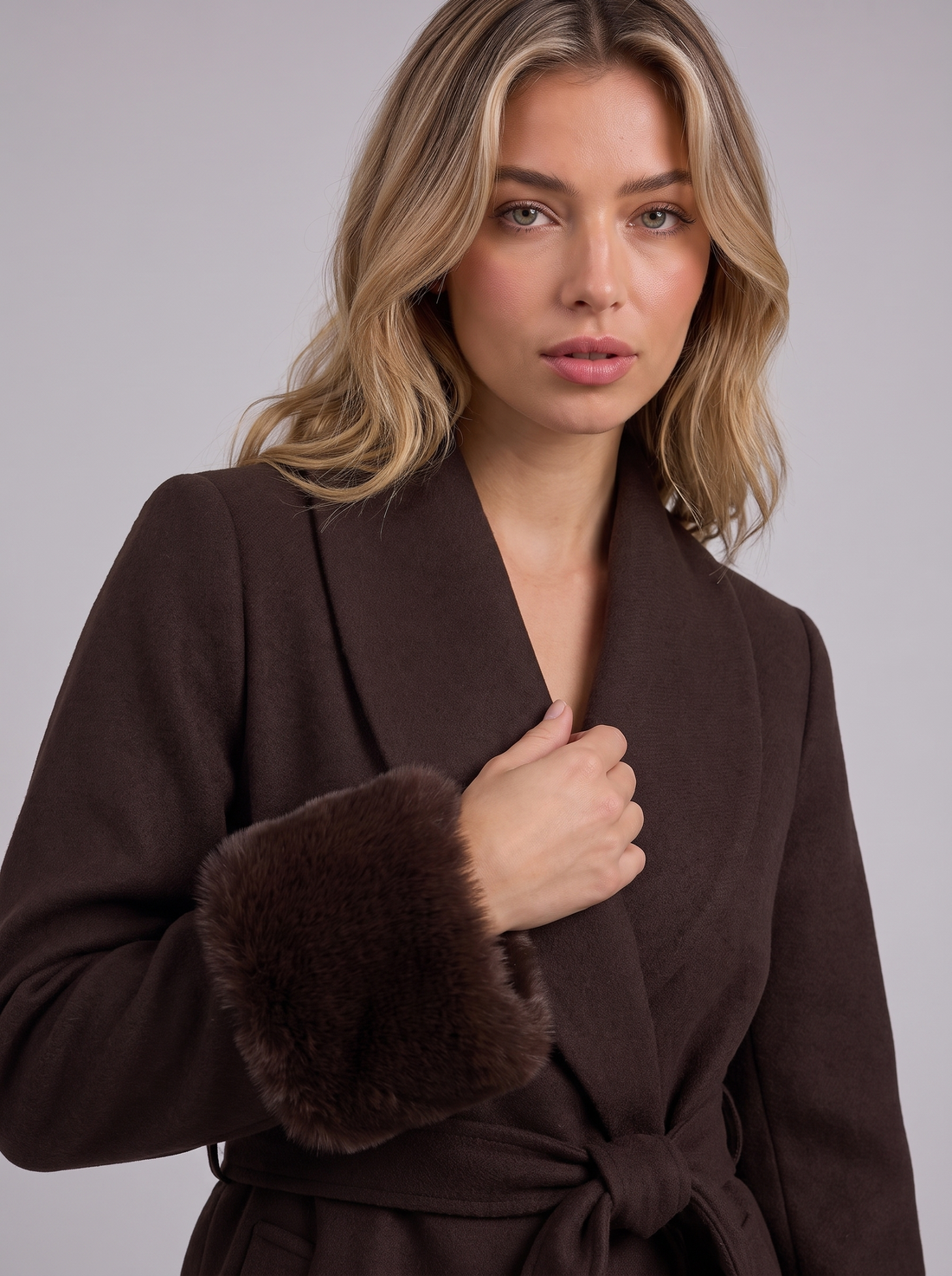 Brown Belted Wrap Coat closeup