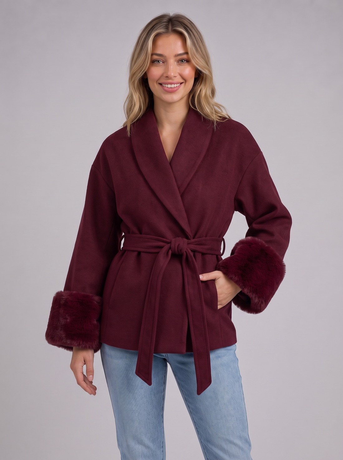 Burgundy Belted Wrap Coat front