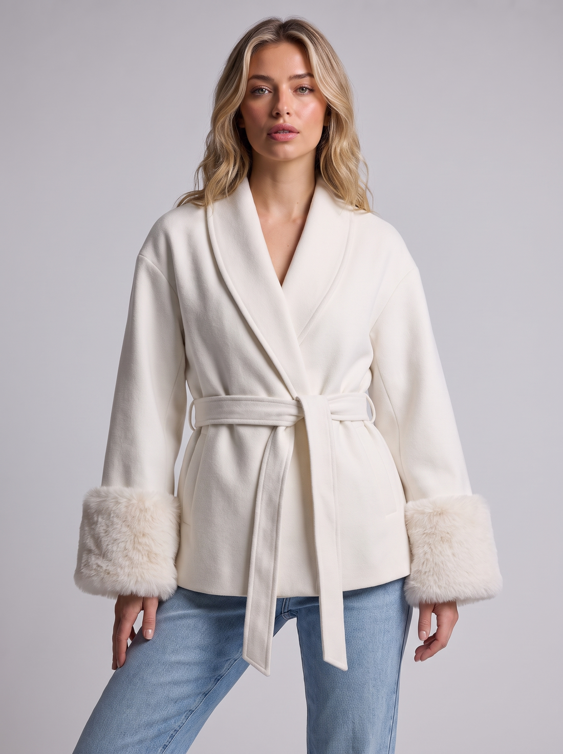 White Belted Wrap Coat front