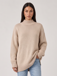 Women's Oversized High Neck Jumper in Beige